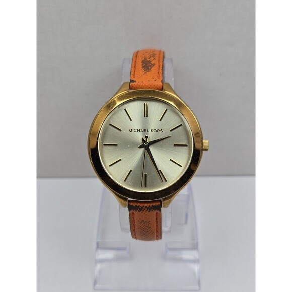 Michael Kors MK2275 Slim Runway Gold Tone Orange Leather Watch New Battery Women main image 8